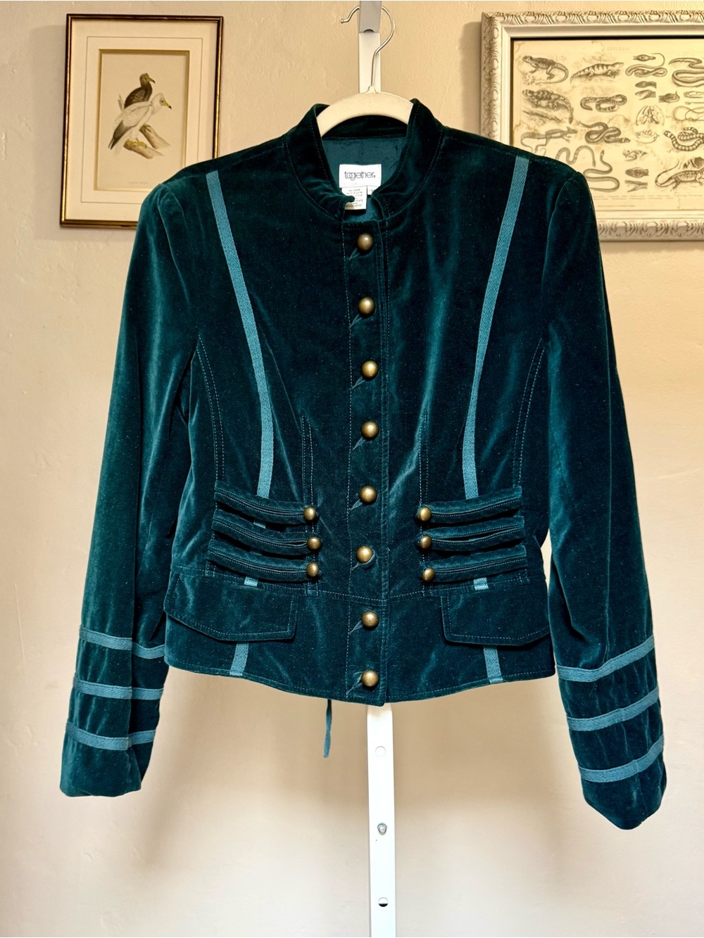 Vintage Teal Velvet Military-Style Shrunken Jacket 100% Cotton Size 10